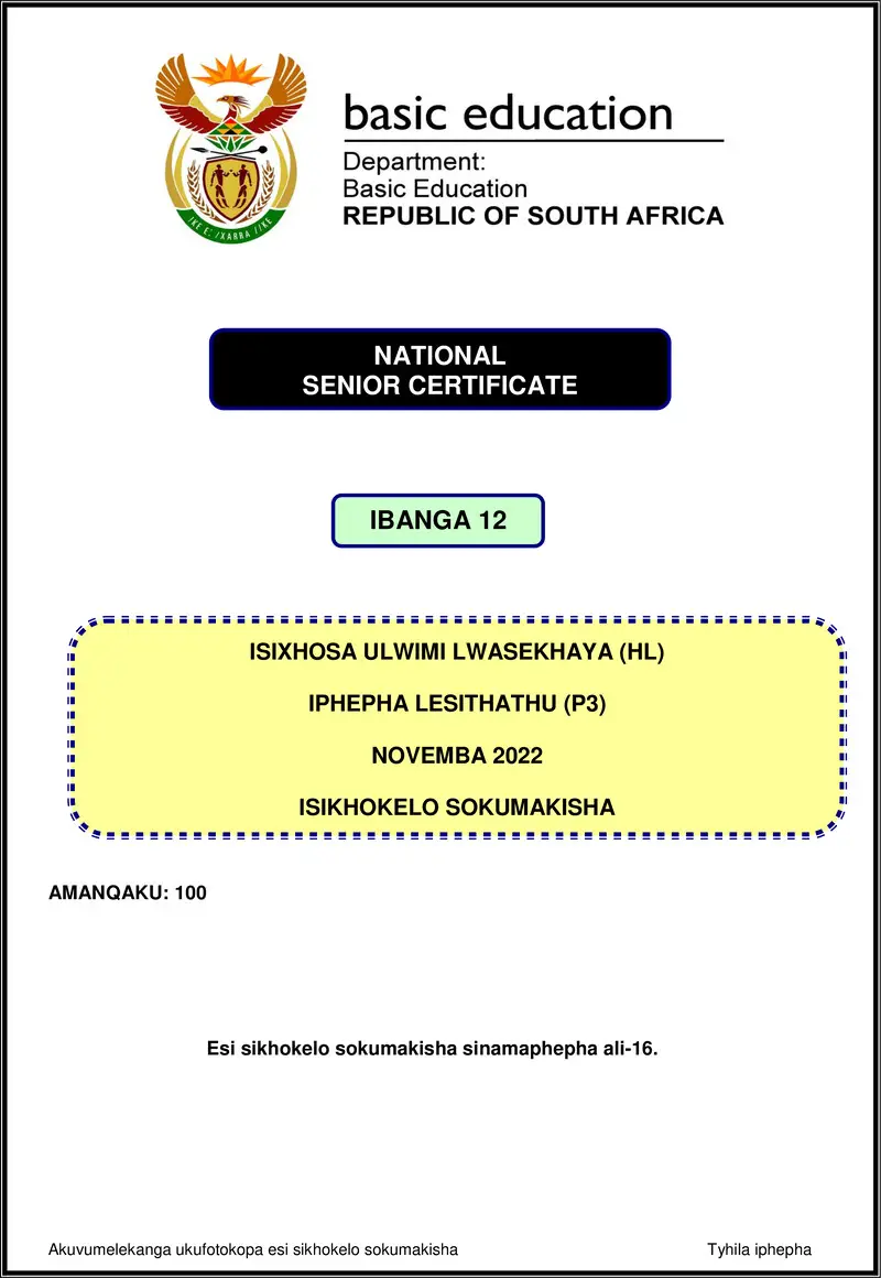 Isixhosa Hl P3 Nov 2022 Mg Gr12