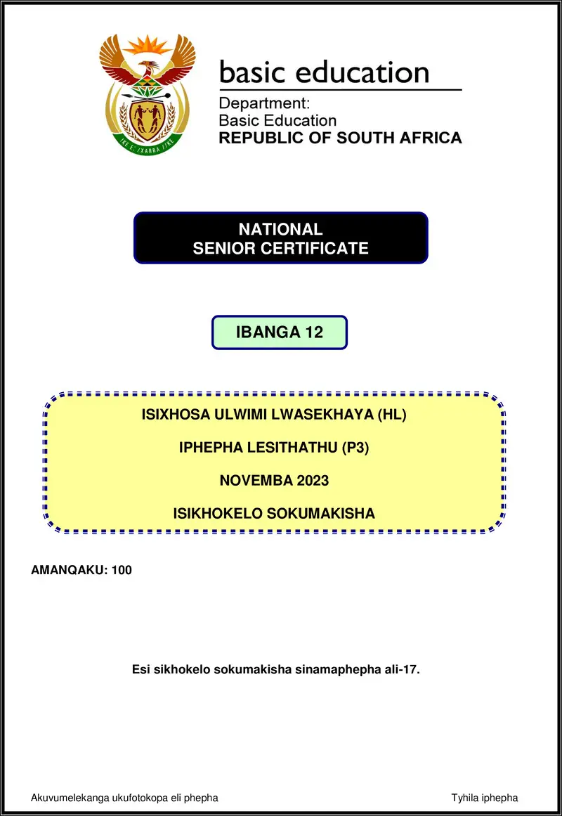 Isixhosa Hl P3 Nov 2023 Mg Gr12