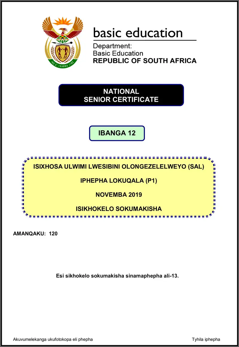 Isixhosa Sal P1 Nov 2019 Memo Gr12