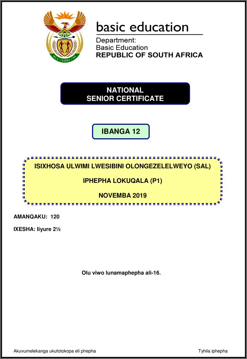 Isixhosa Sal P1 Nov 2019 Gr12