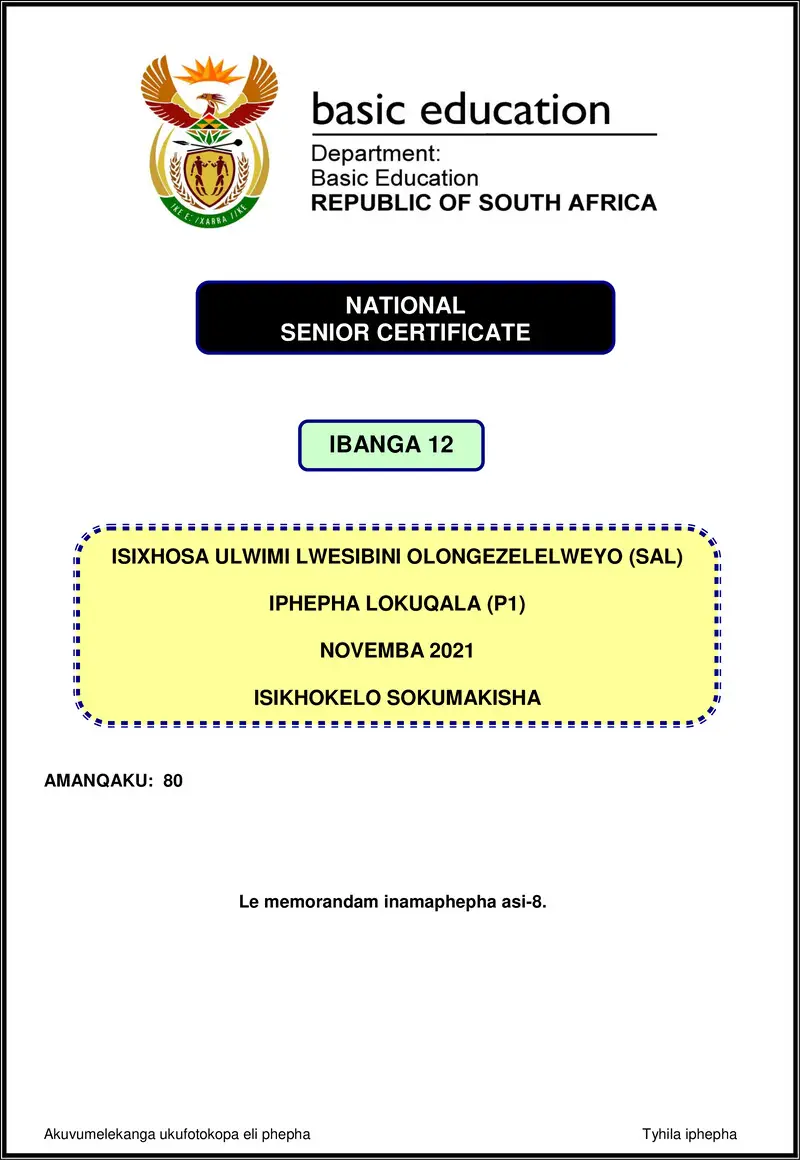Isixhosa Sal P1 Nov 2021 Mg Gr12