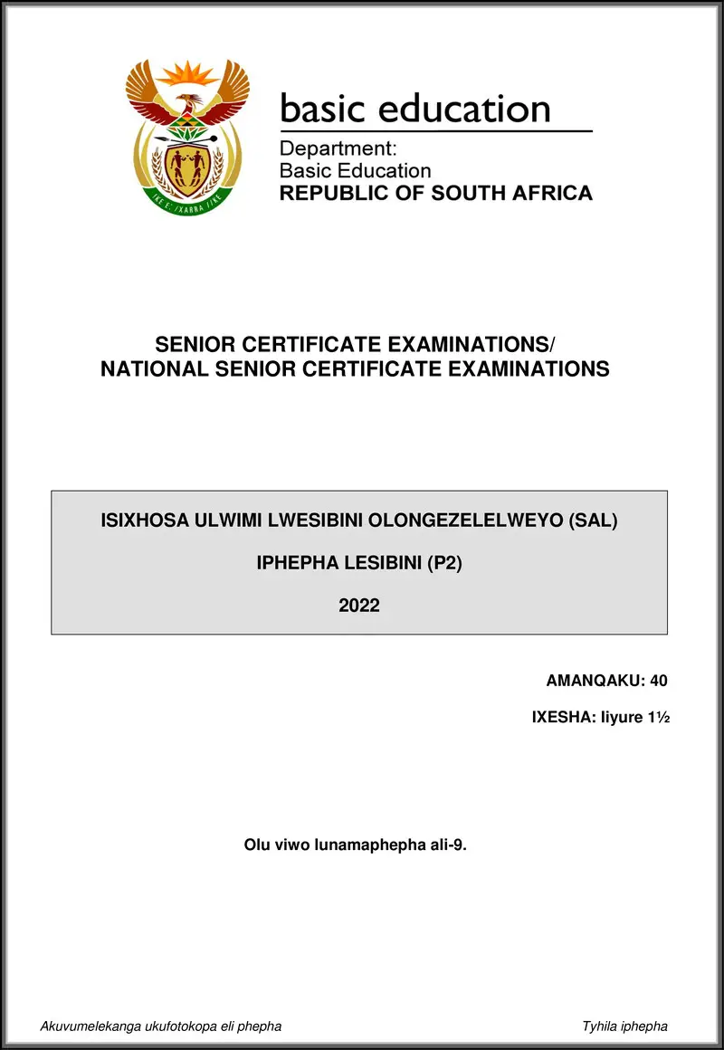 Isixhosa Sal P2 May June 2022 Gr12