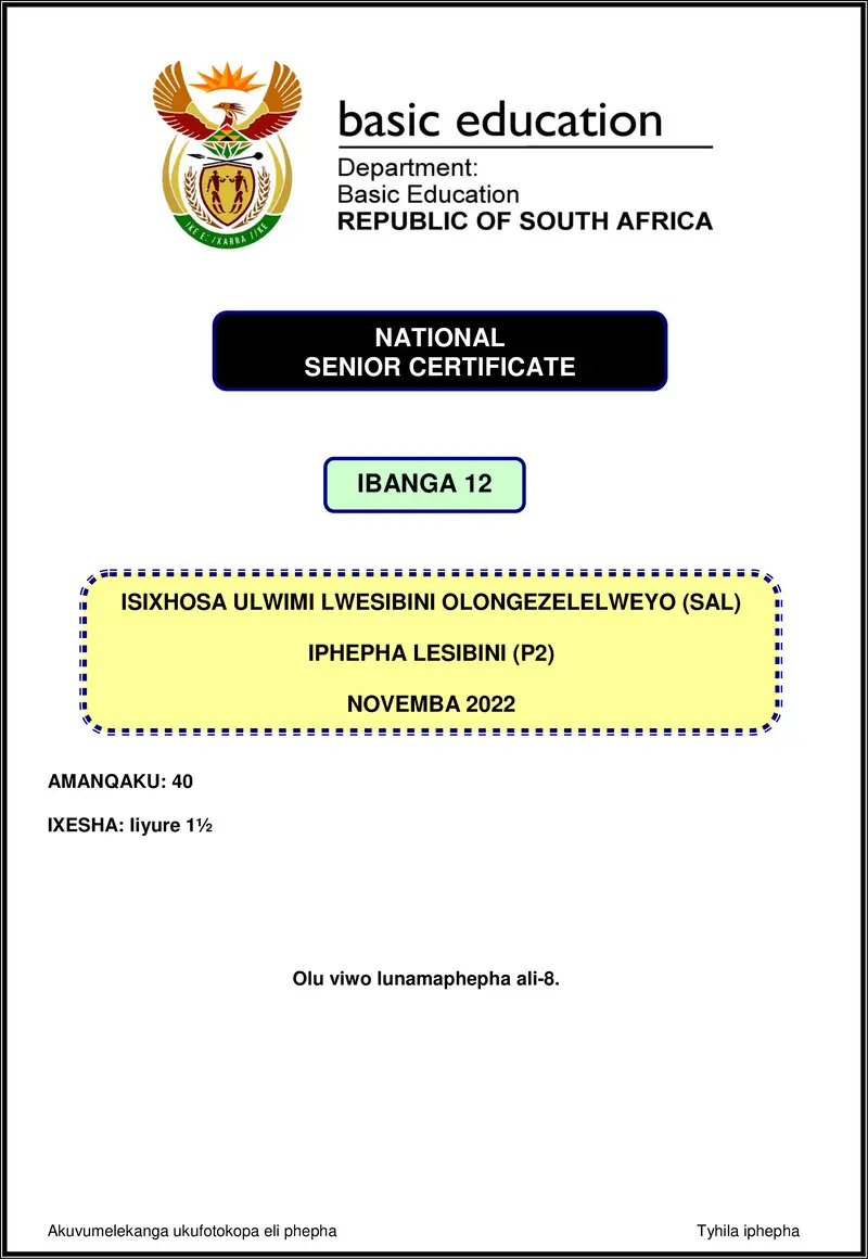 Isixhosa Sal P2 Nov 2022 Gr12