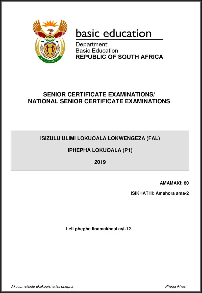 Isizulu Fal P1 May June 2019 Gr12