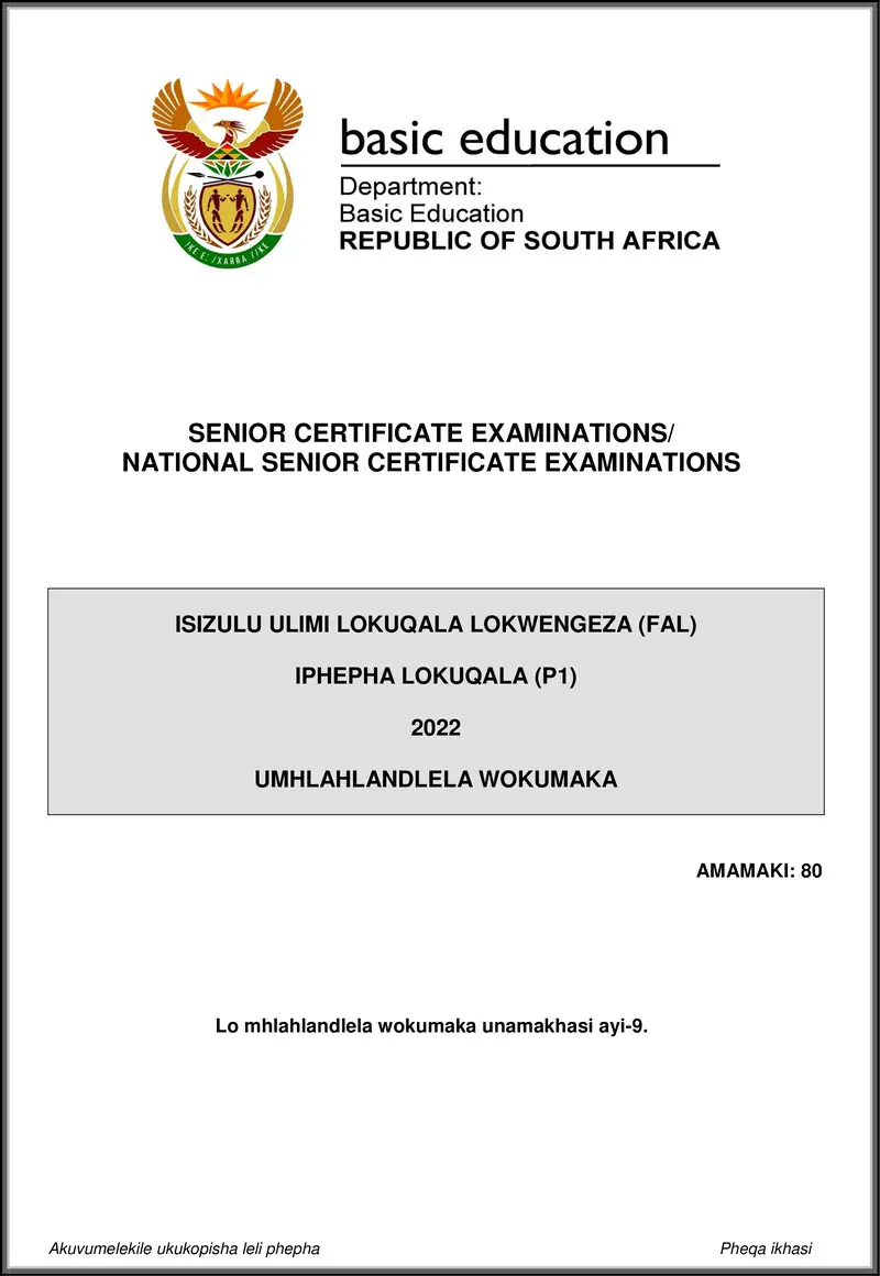 Isizulu Fal P1 May June 2022 Mg Gr12