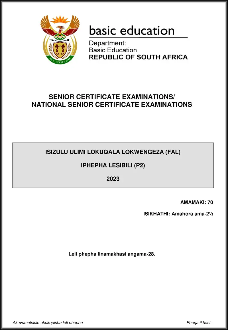 Isizulu Fal P2 May June 2023 Gr12