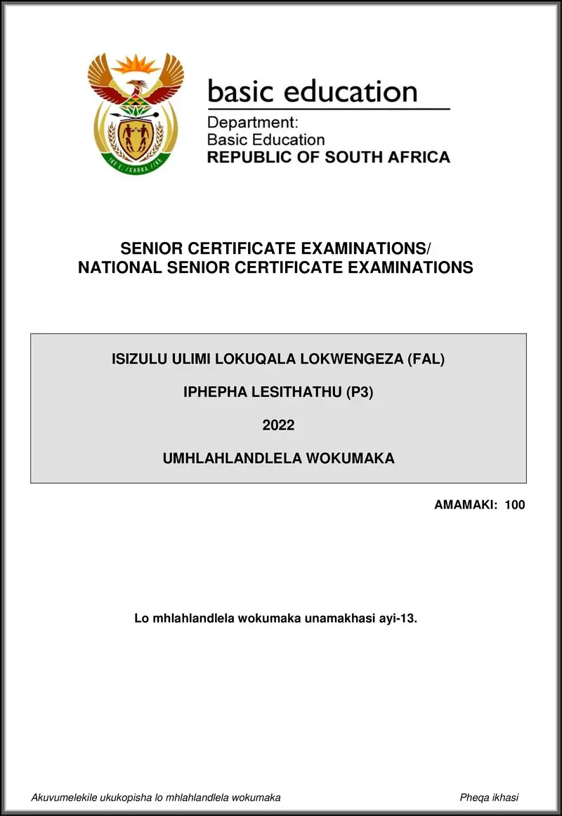 Isizulu Fal P3 May June 2022 Mg Gr12
