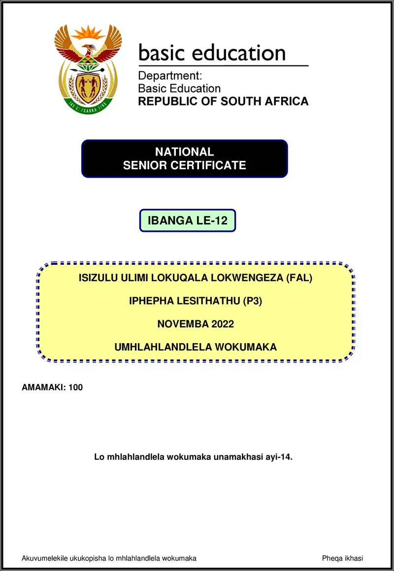 Isizulu Fal P3 Nov 2022 Mg Gr12