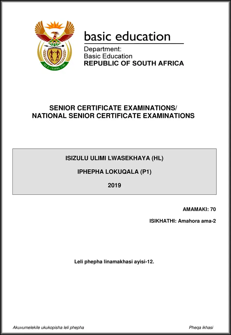 Isizulu Hl P1 May June 2019 Gr12