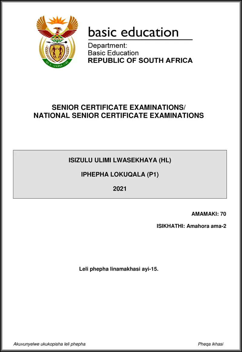 Isizulu Hl P1 May June 2021 Gr12