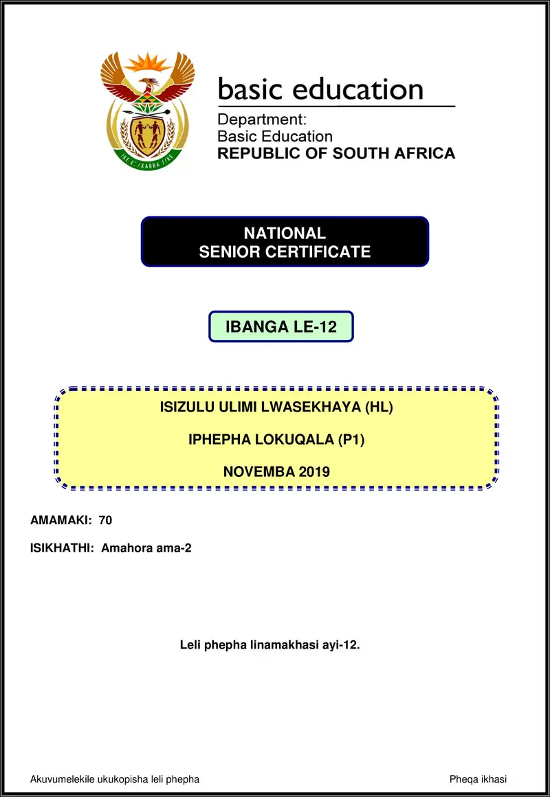 Grade 12 isiZulu past paper 2019 – isizulu hl p1 nov 2019 gr12