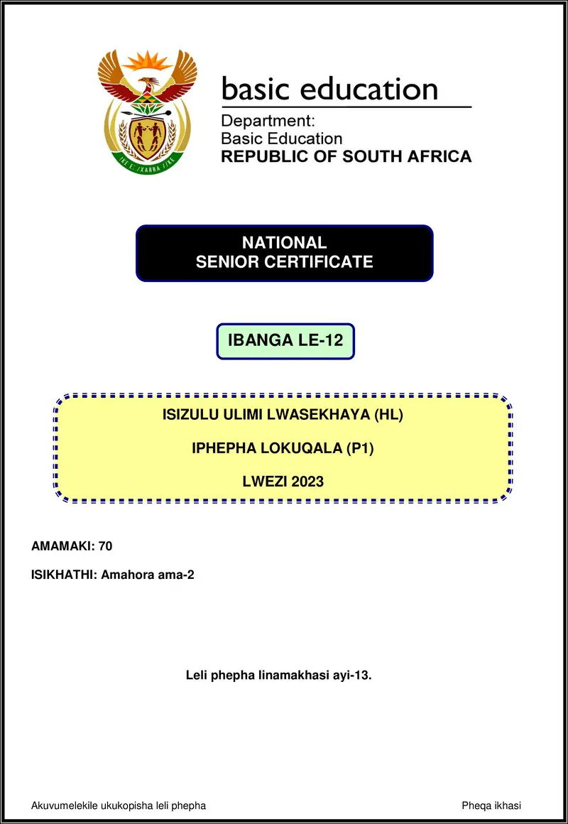 Isizulu Hl P1 Nov 2023 Gr12