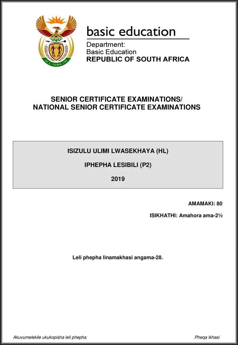 Isizulu Hl P2 May June 2019 Gr12