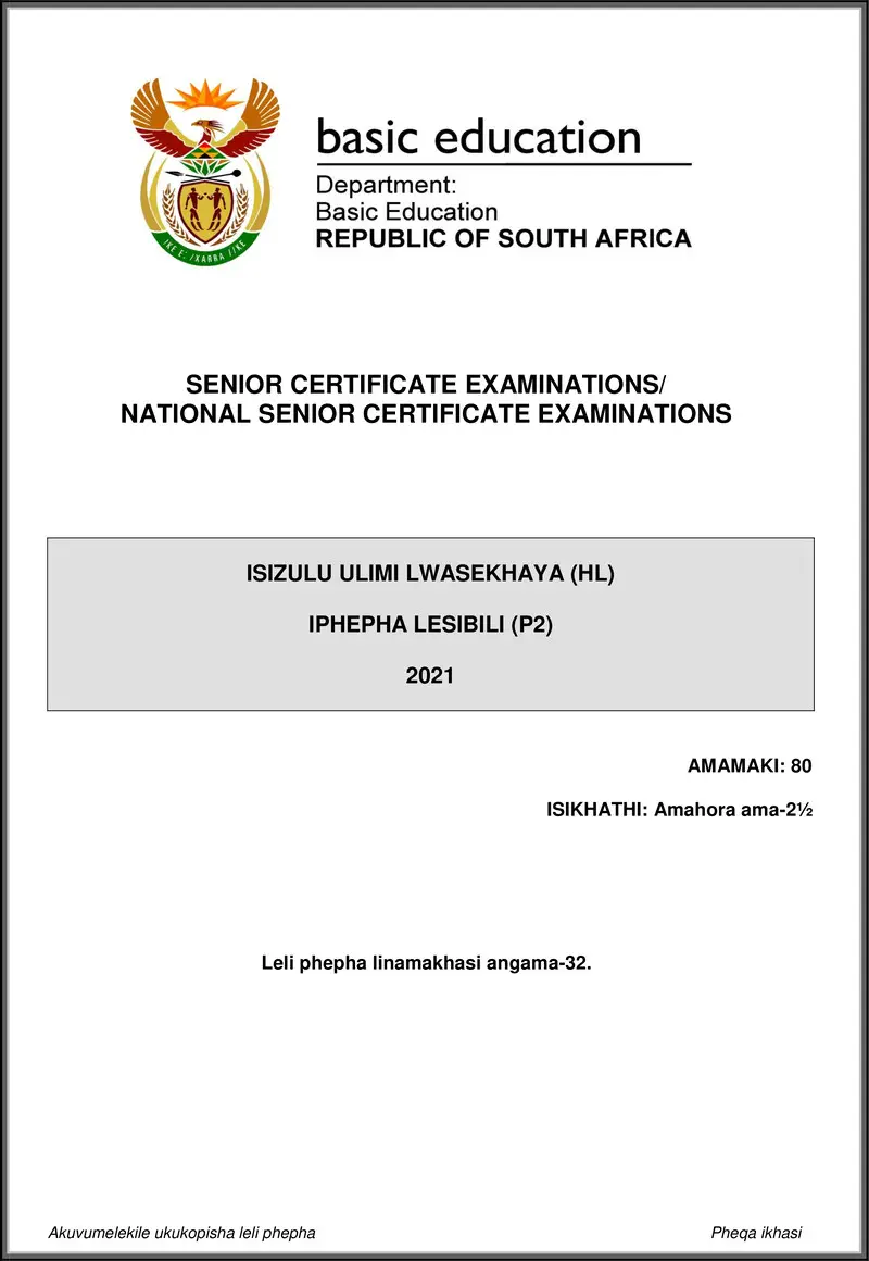Isizulu Hl P2 May June 2021 Gr12