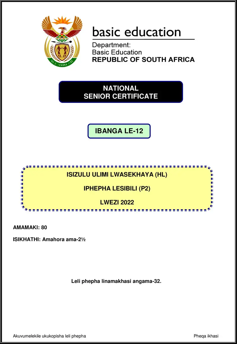 Grade 12 isiZulu past paper 2022 – isizulu hl p2 nov 2022 gr12