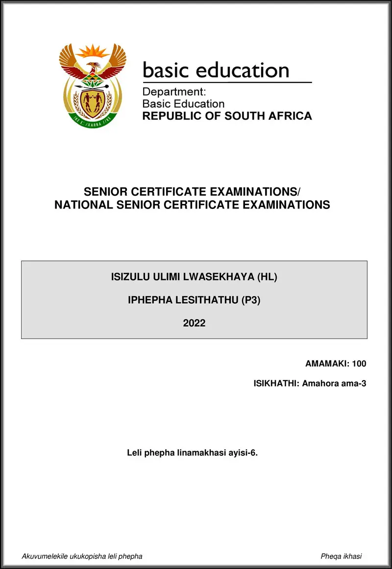 Grade 12 isiZulu past paper 2022 – isizulu hl p3 may june 2022 gr12