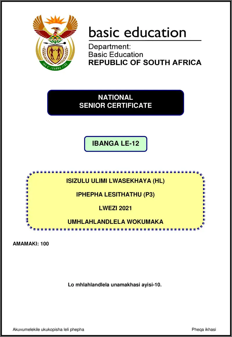 Grade 12 isiZulu past paper 2021 – isizulu hl p3 nov 2021 mg gr12