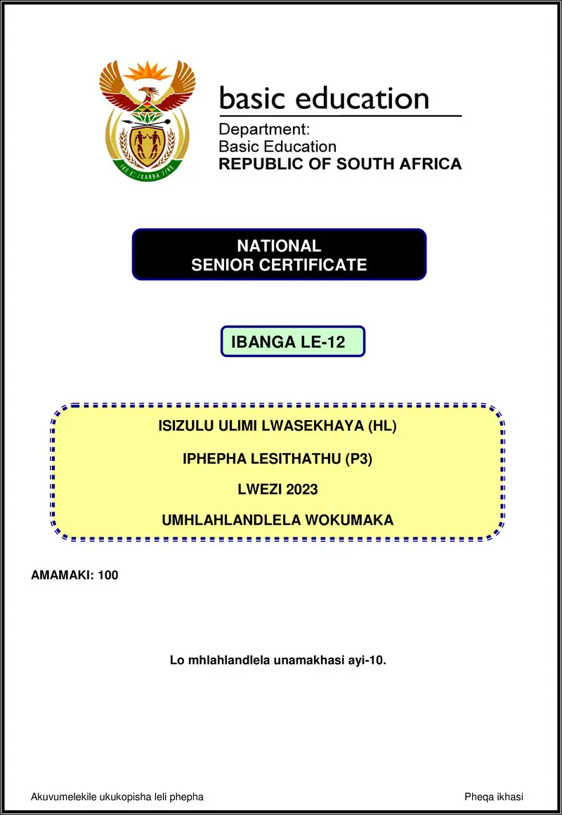 Grade 12 isiZulu past paper 2023 – isizulu hl p3 nov 2023 mg gr12