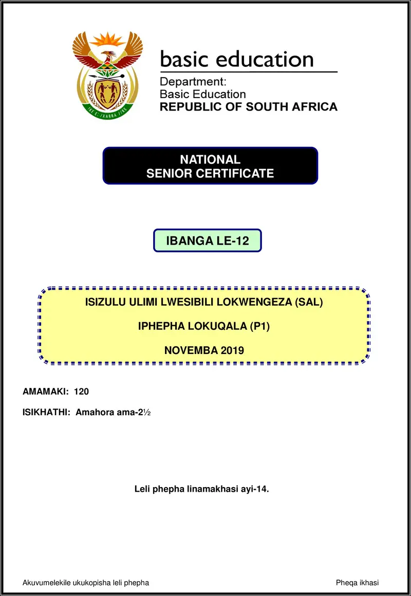 Grade 12 isiZulu past paper 2019 – isizulu sal p1 nov 2019 gr12