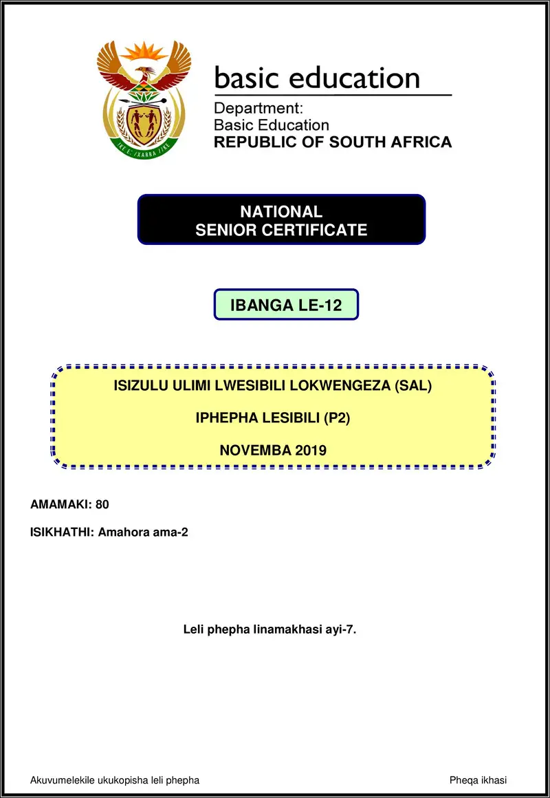 Grade 12 isiZulu past paper 2019 – isizulu sal p2 nov 2019 gr12