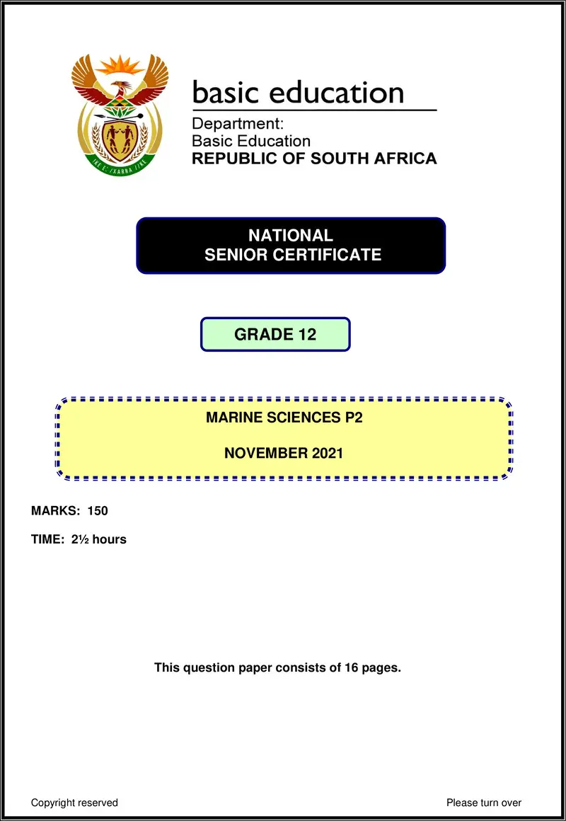 Grade 12 Marine Sciences past paper 2021 – marine sciences p2 nov 2021 eng gr12
