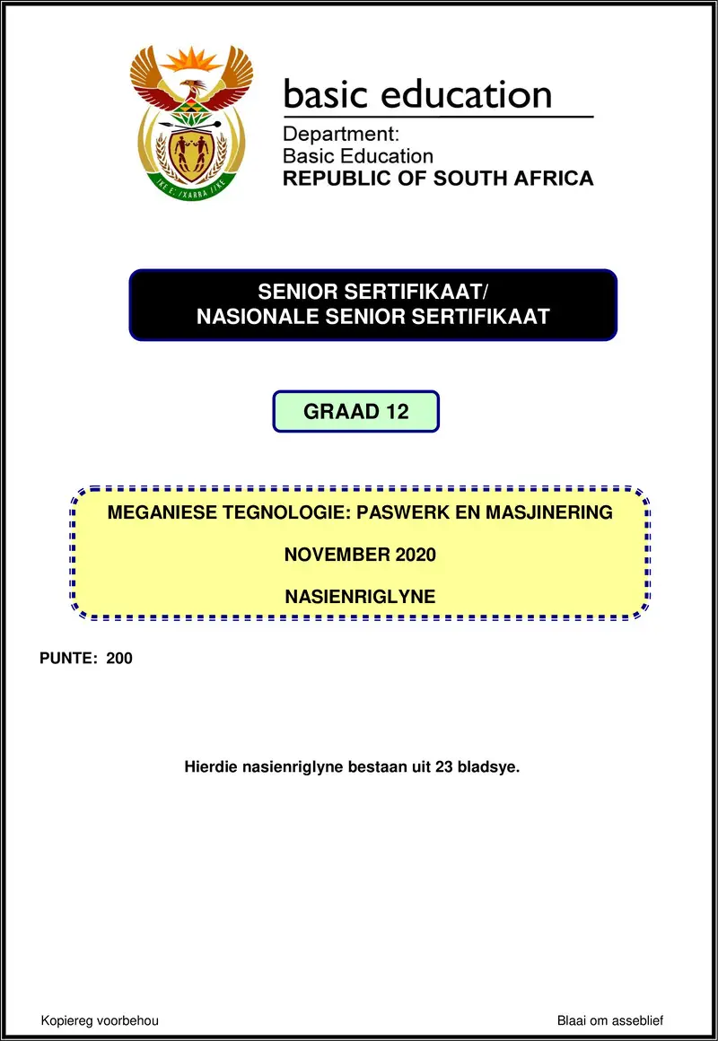 Grade 12 Mechanical Technology past paper 2020 – mechanical technology nov 2020 fitting machining memo afr gr12