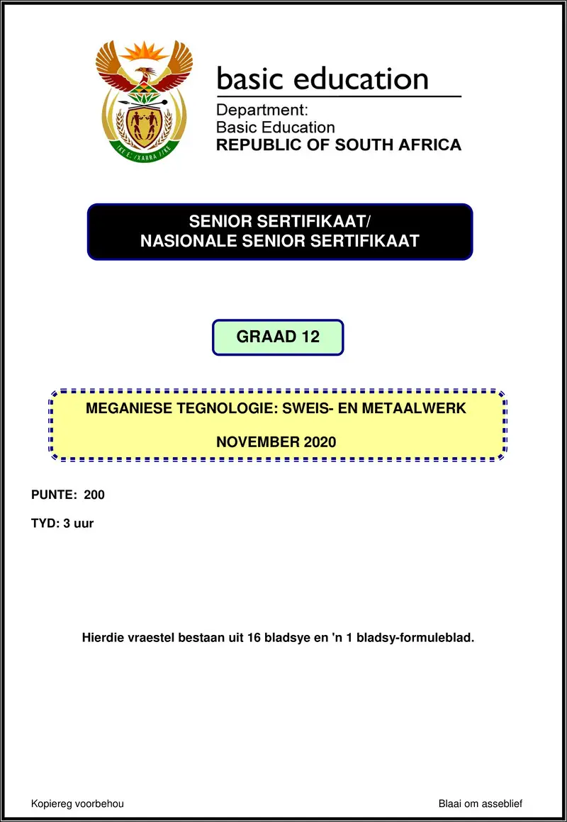 Mechanical Technology Nov 2020 Welding Metalwork Afr Gr12