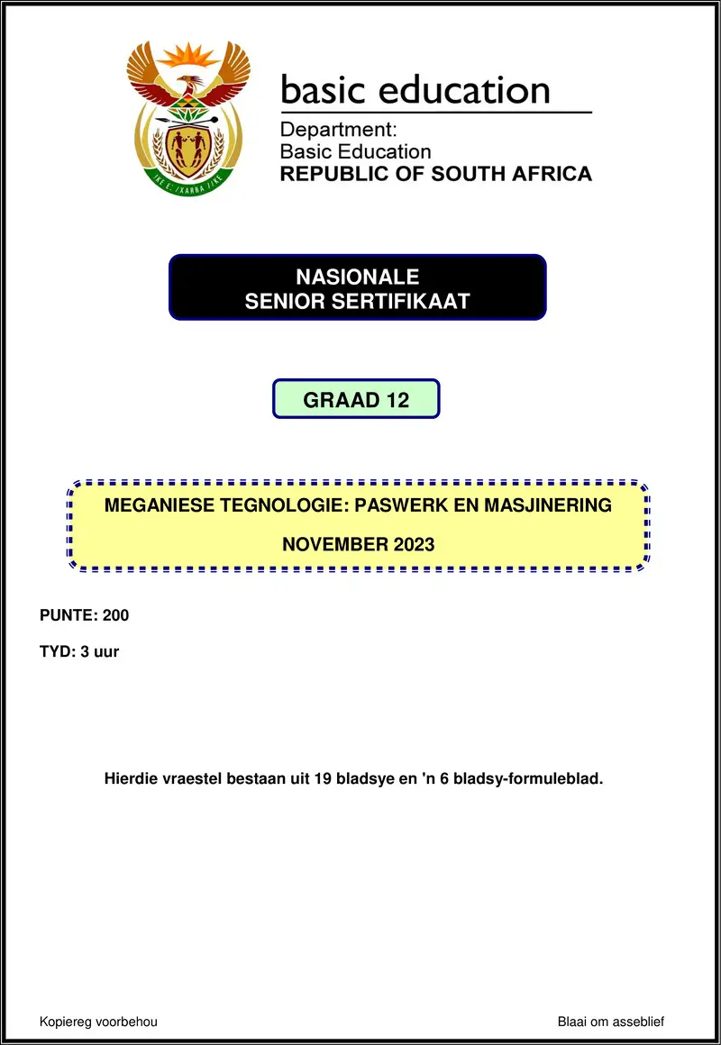 Mechanical Technology Nov 2023 Fitting And Machining Afr Gr12