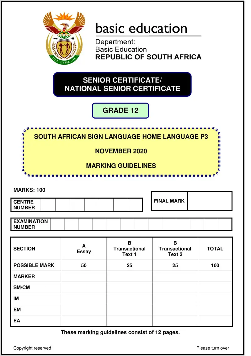 Grade 12 South African Sign Language past paper 2020 – sasl hl p3 nov 2020 memo gr12