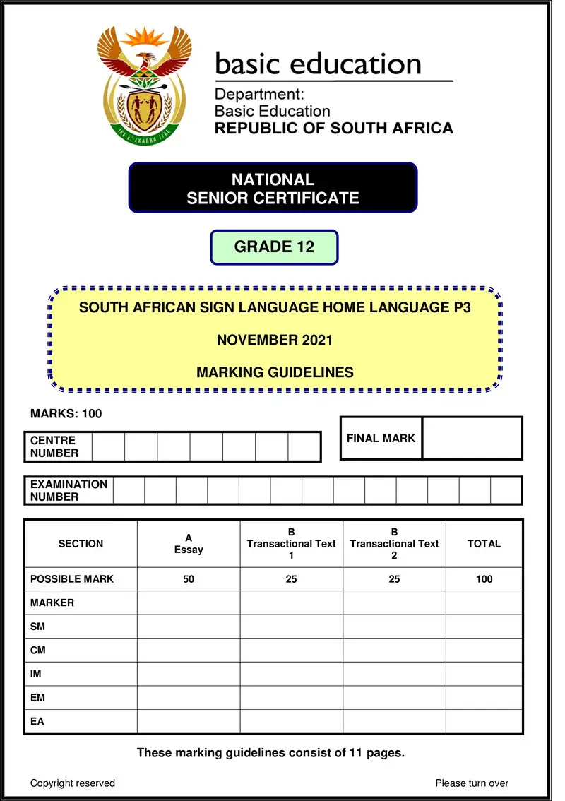 Grade 12 South African Sign Language past paper 2021 – sasl hl p3 nov 2021 mg gr12