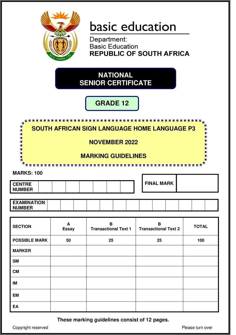 Grade 12 South African Sign Language past paper 2022 – sasl hl p3 nov 2022 mg gr12
