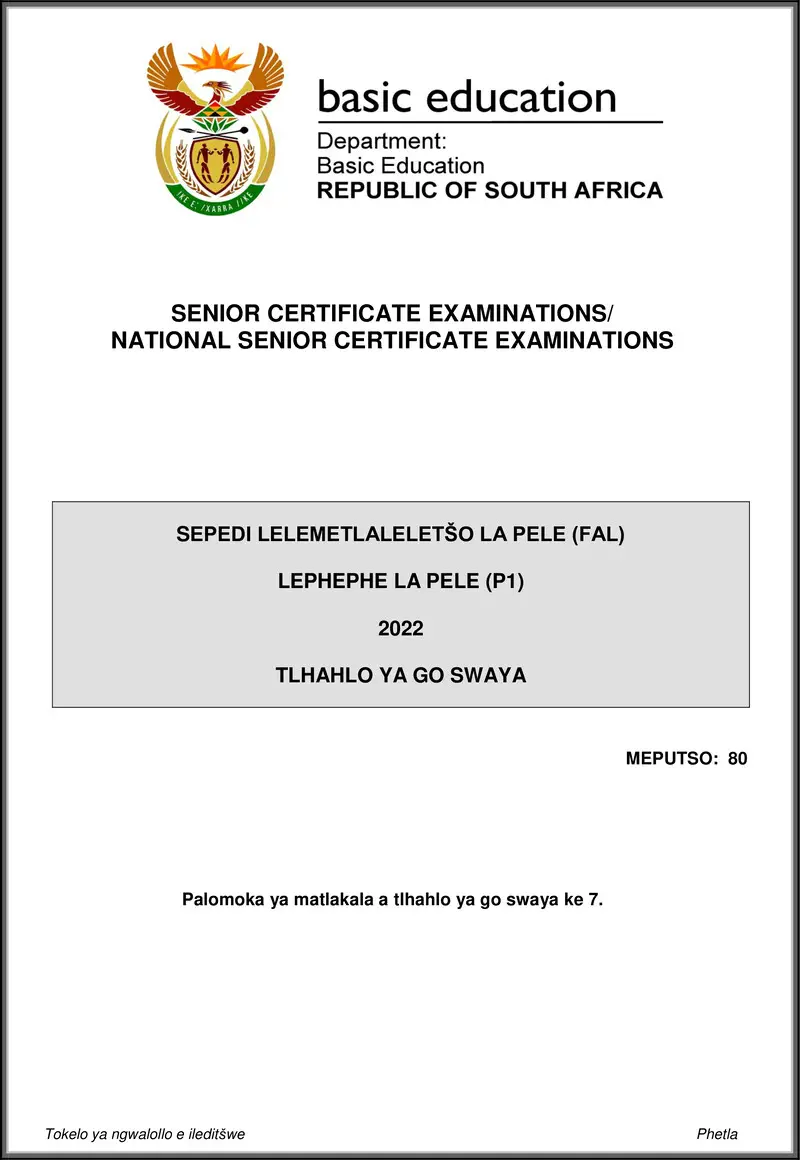 Grade 12 Sepedi past paper 2022 – sepedi fal p1 may june 2022 mg gr12