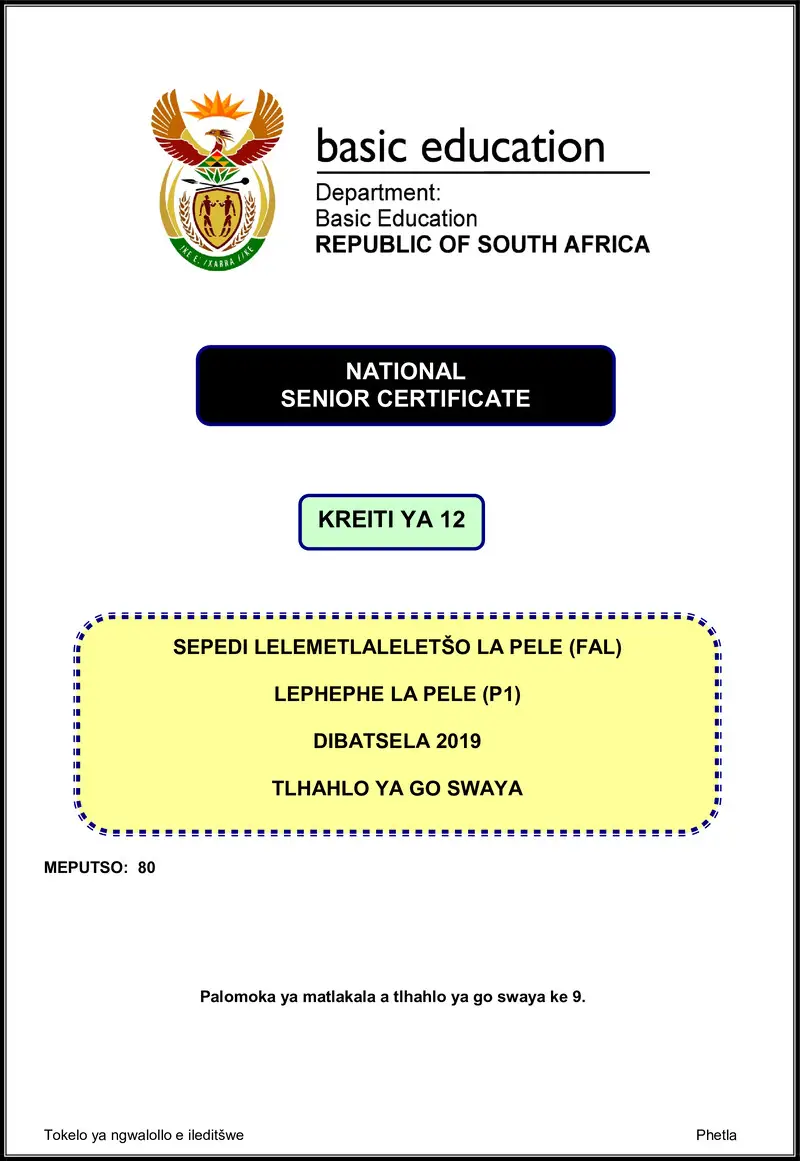Grade 12 Sepedi past paper 2019 – sepedi fal p1 nov 2019 memo gr12