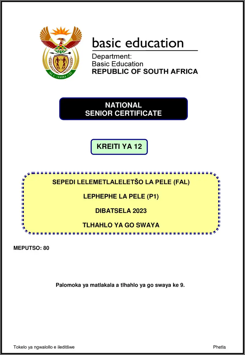 Grade 12 Sepedi past paper 2023 – sepedi fal p1 nov 2023 mg gr12