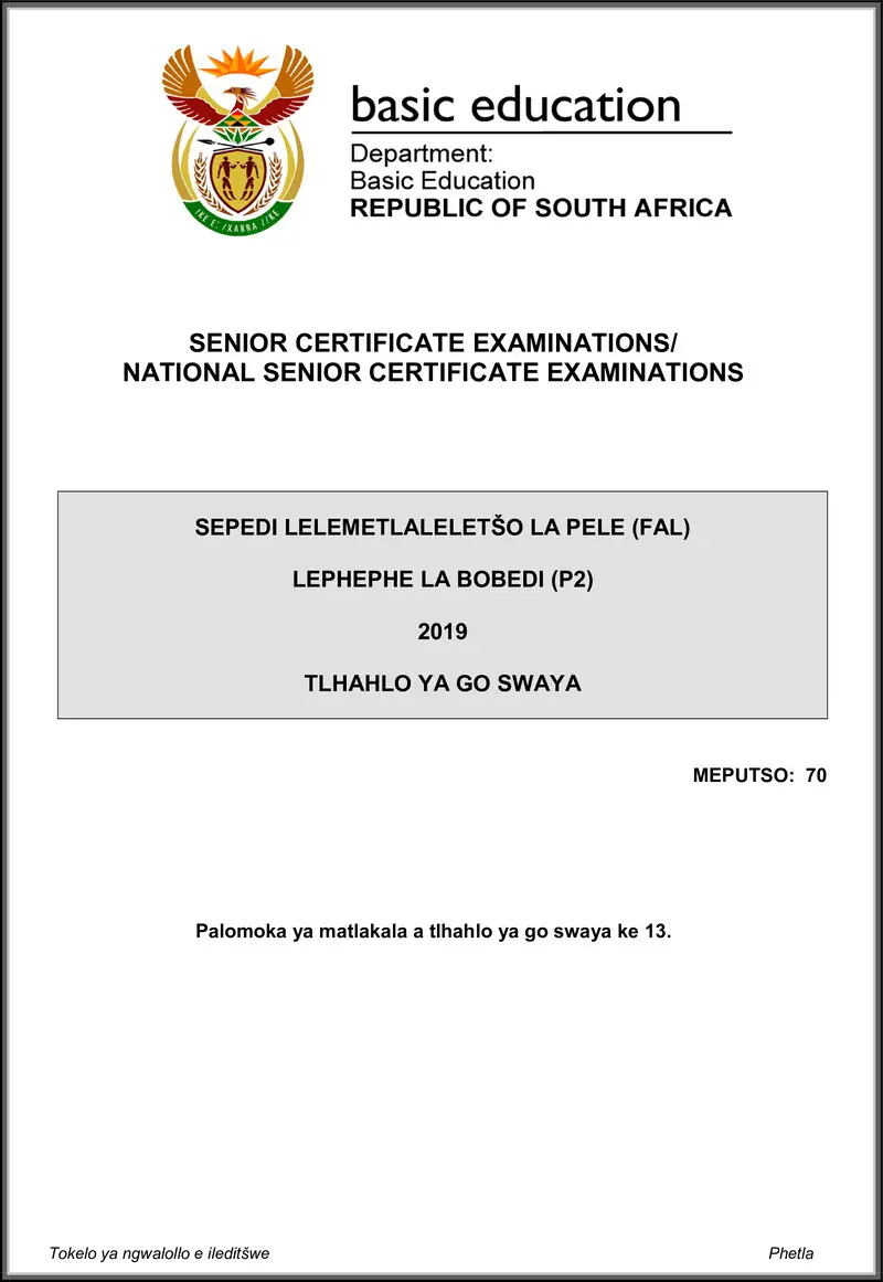 Grade 12 Sepedi past paper 2019 – sepedi fal p2 may june 2019 memo gr12