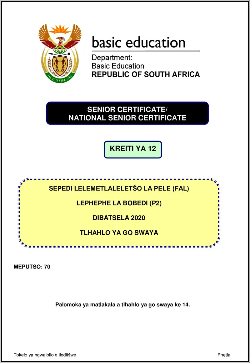 Grade 12 Sepedi past paper 2020 – sepedi fal p2 nov 2020 memo gr12