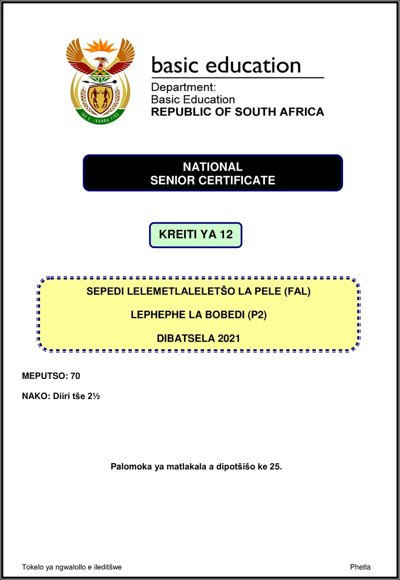 Grade 12 Sepedi past paper 2021 – sepedi fal p2 nov 2021 gr12