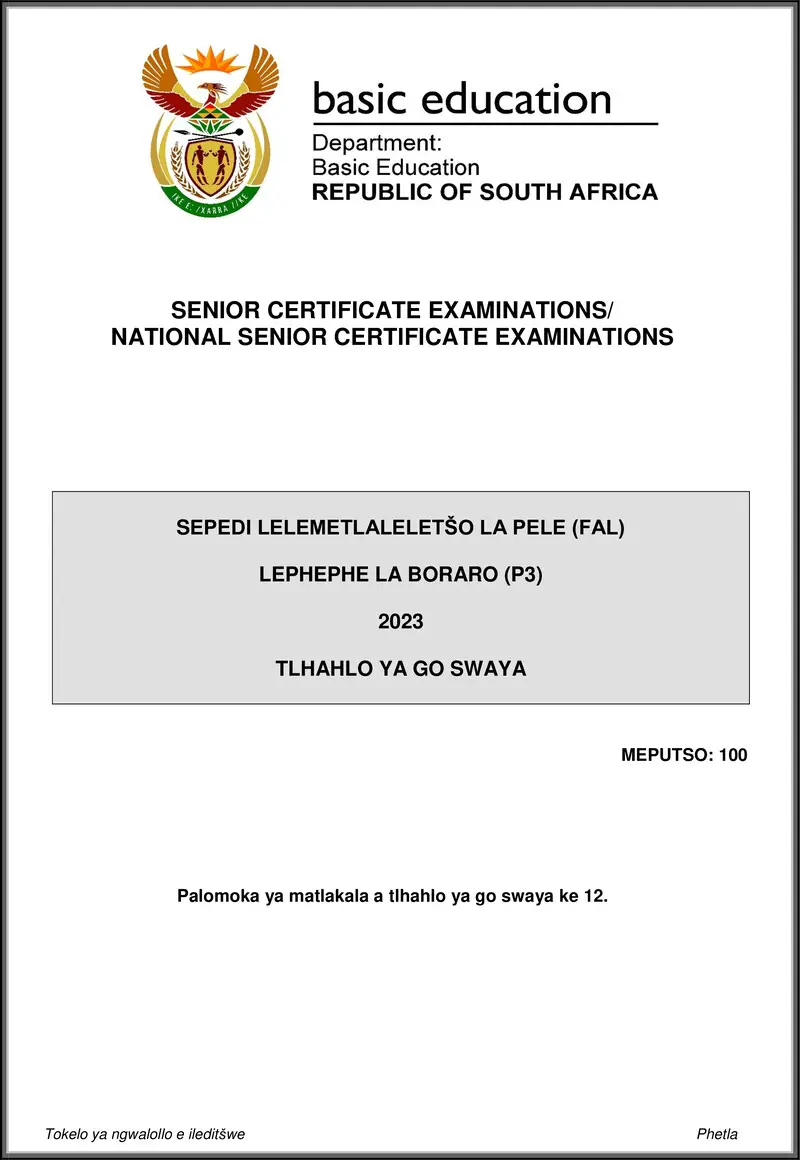 Grade 12 Sepedi past paper 2023 – sepedi fal p3 may june 2023 mg gr12