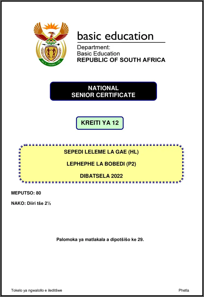 Grade 12 Sepedi past paper 2022 – sepedi hl p2 nov 2022 gr12