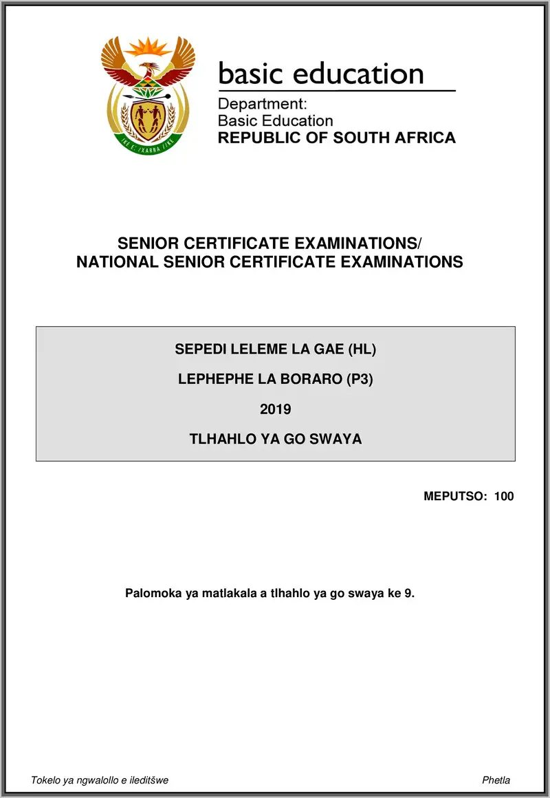 Sepedi Hl P3 May June 2019 Memo Gr12