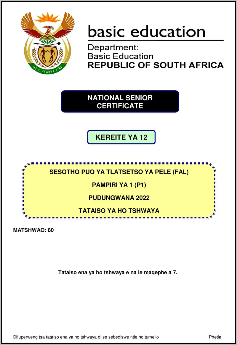 Sesotho Fal P1 Nov 2022 Mg Gr12