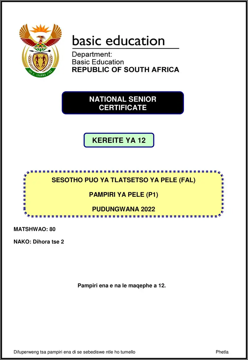 Sesotho Fal P1 Nov 2022 Gr12