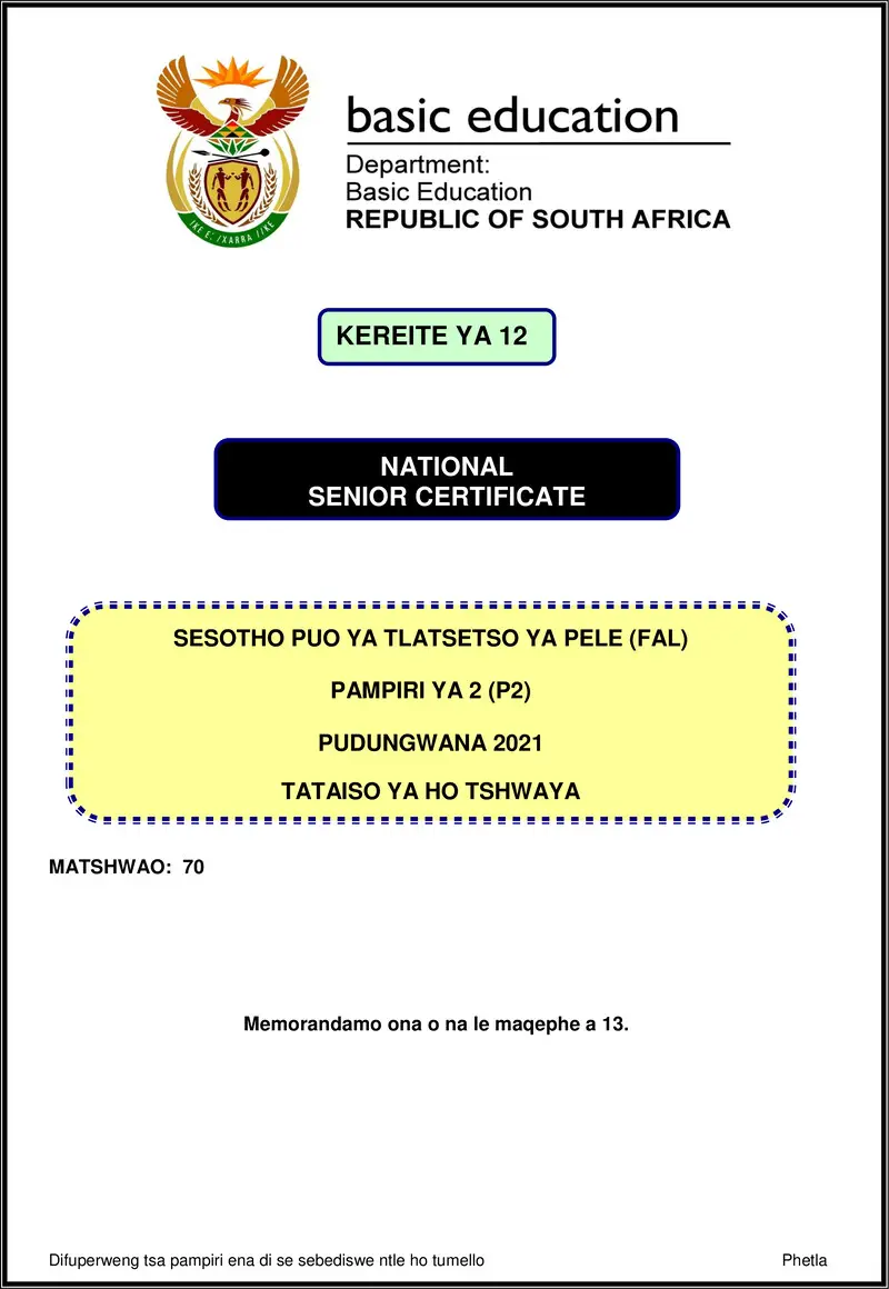 Sesotho Fal P2 Nov 2021 Mg Gr12