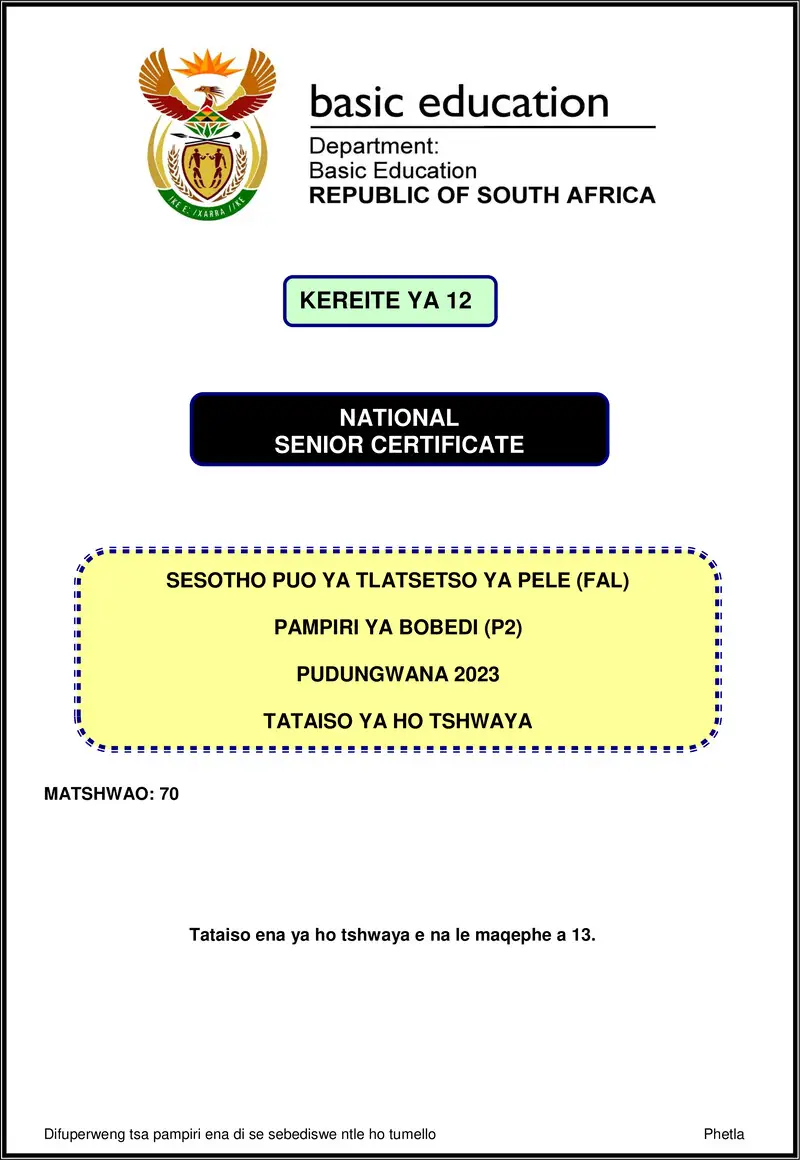 Sesotho Fal P2 Nov 2023 Mg Gr12