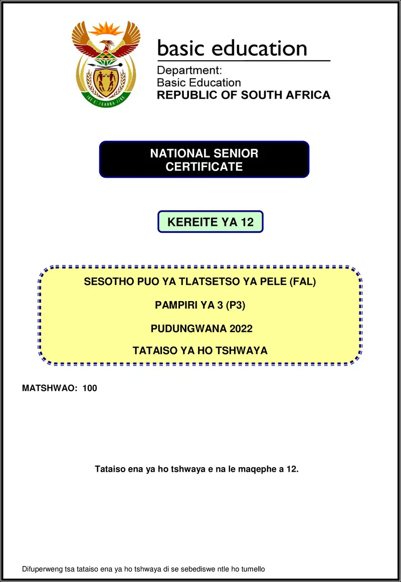 Sesotho Fal P3 Nov 2022 Mg Gr12