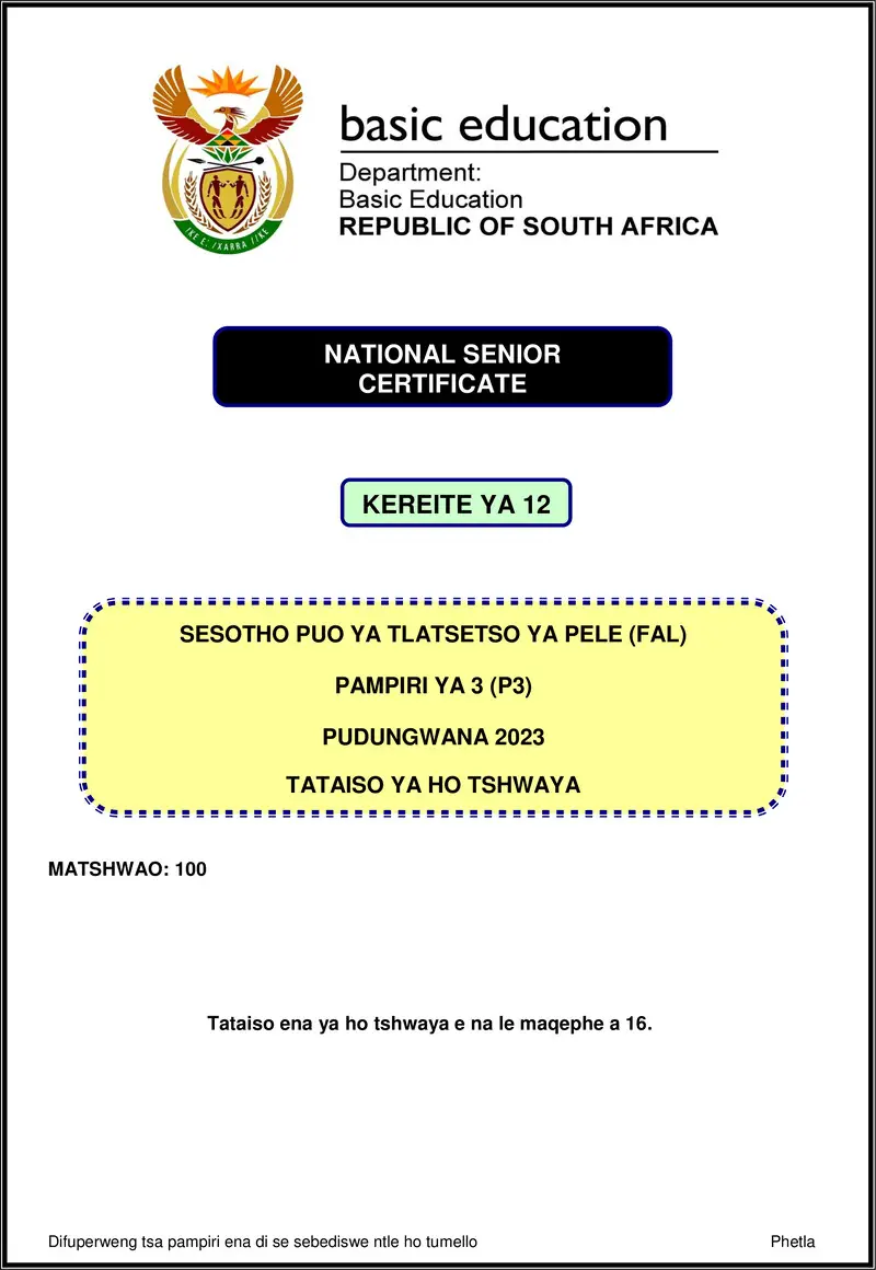 Sesotho Fal P3 Nov 2023 Mg Gr12