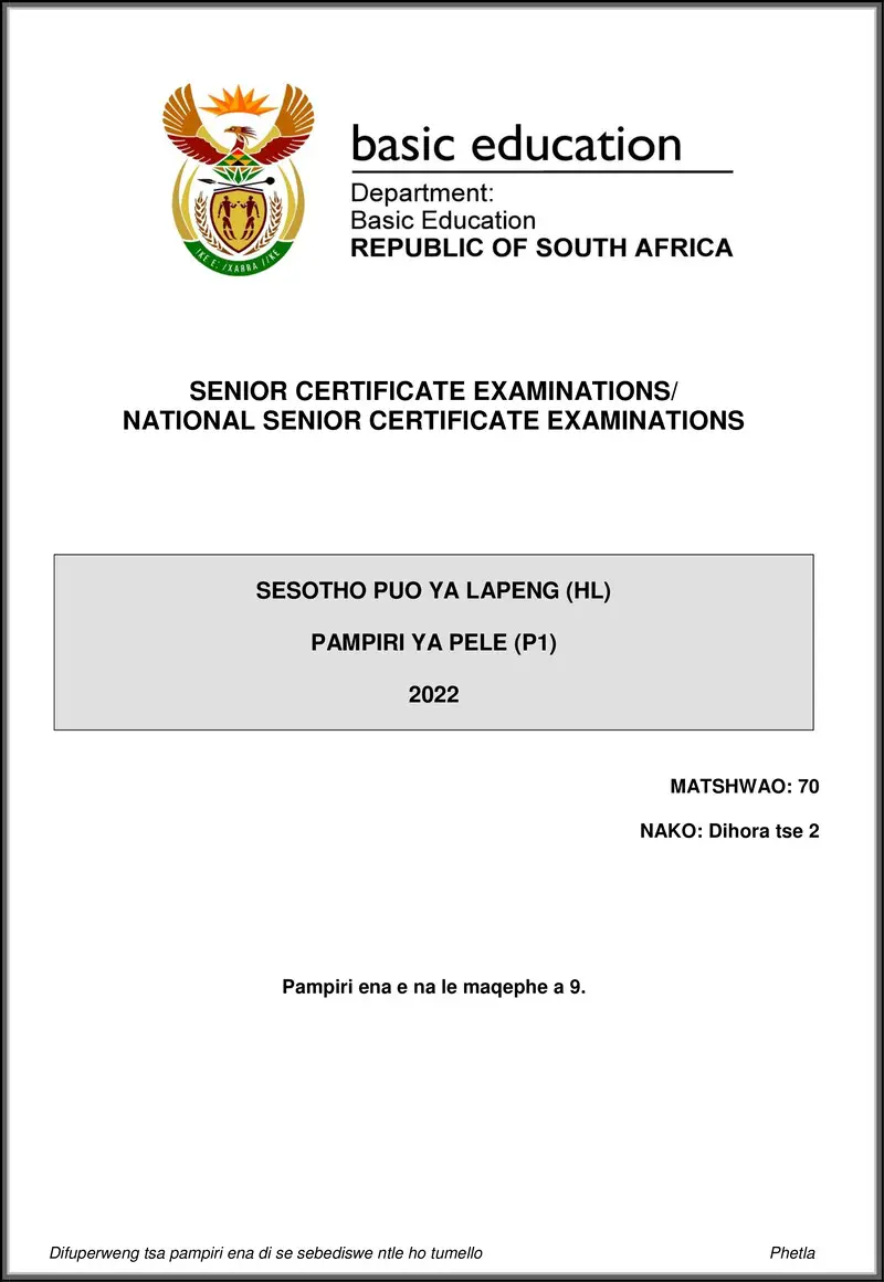 Sesotho Hl P1 May June 2022 Gr12