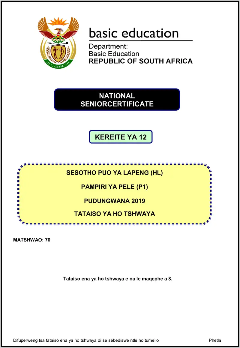 Sesotho Hl P1 Nov 2019 Memo Gr12