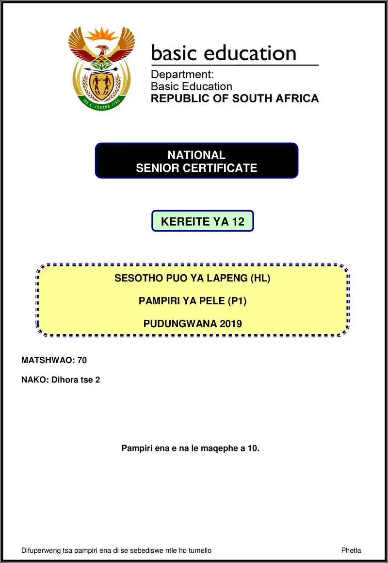 Sesotho Hl P1 Nov 2019 Gr12