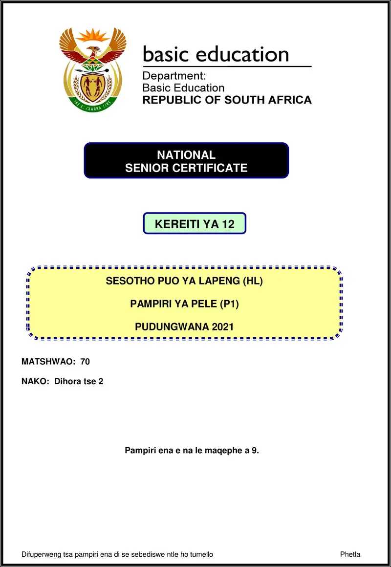 Sesotho Hl P1 Nov 2021 Gr12